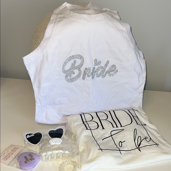 Amazon Tops - BRIDE BUNDLE Rhinestone Tank, Graphic Tee, Sunglasses, Mirror, Hair Tie & Clip